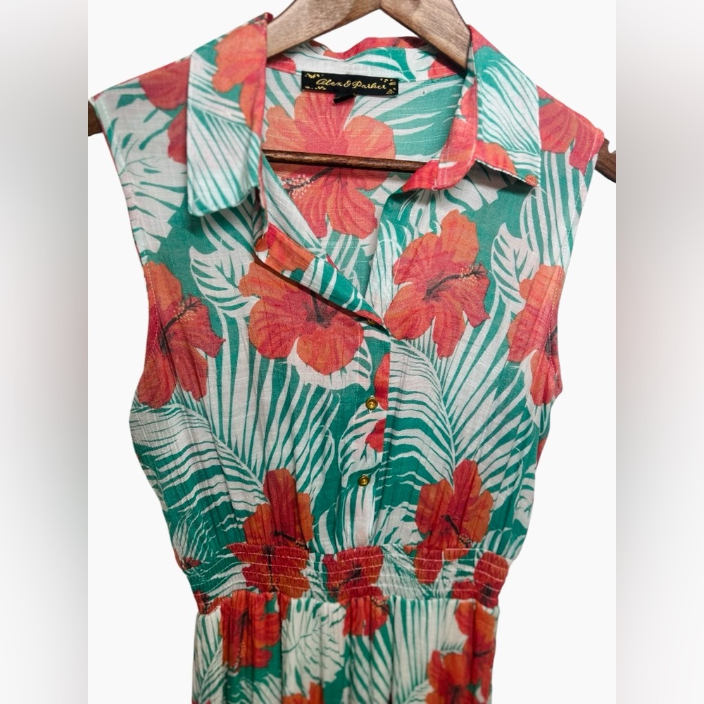 Alex & Parker Hibiscus Sleeveless Tiered Midi Dress Small Hawaiian Boho Vacay - Picture 7 of 14